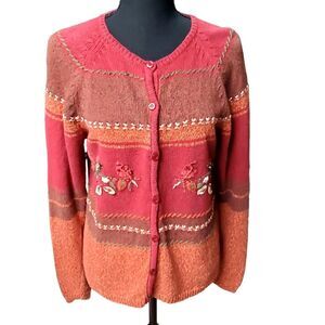 ERIKA & CO Petites Floral Embroidered Cardigan Sweater Pink Orange Ramie Cotton